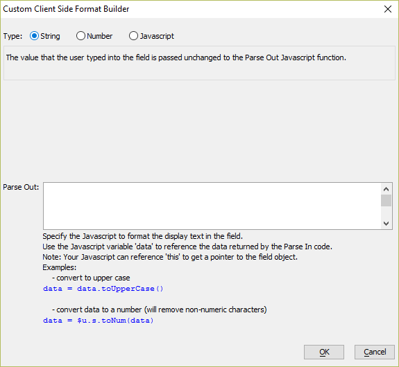 The Custom Client Side Format Builder dialog.